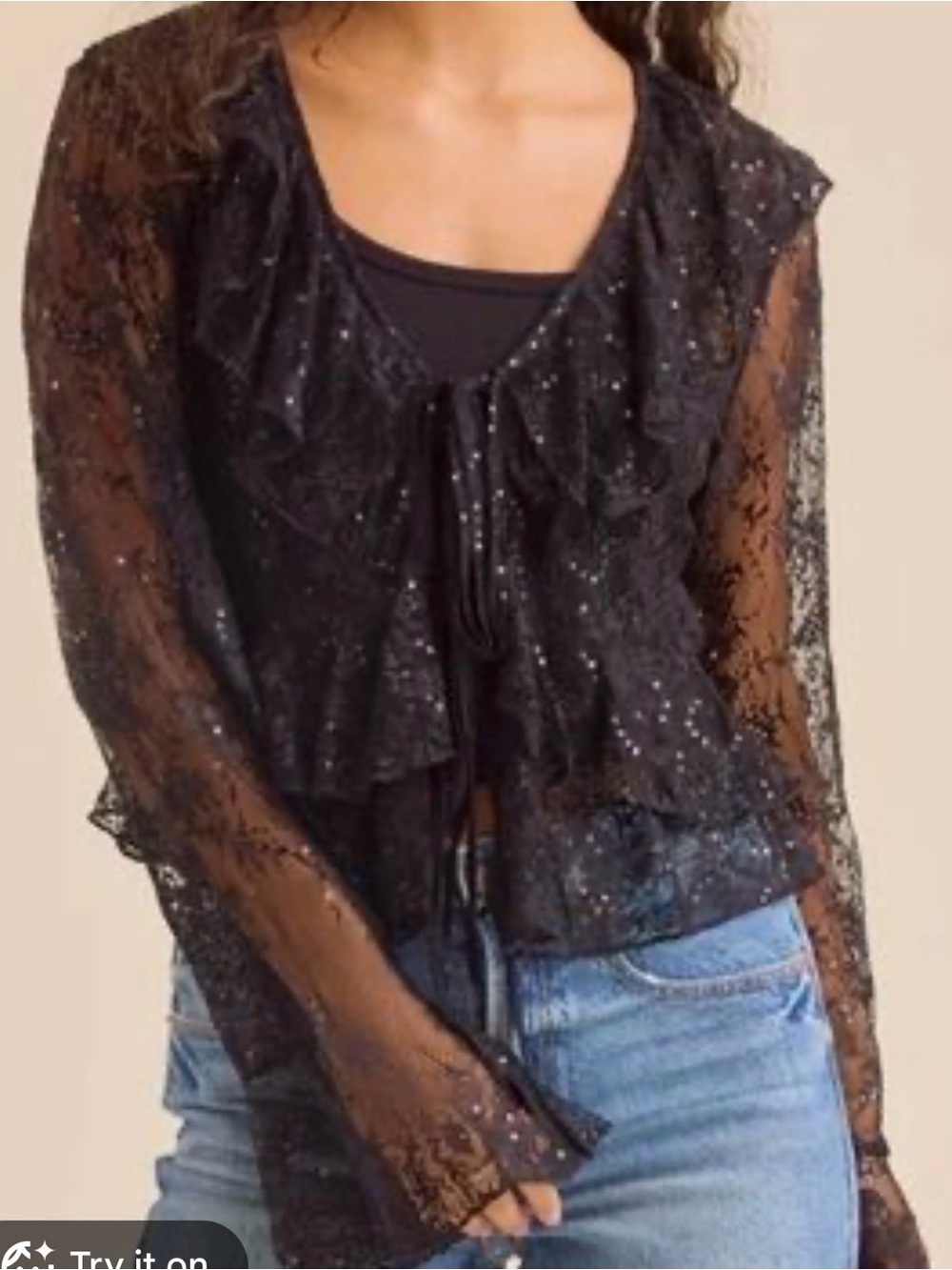 Altar'd State Black Lace Ruffle Tie-Front Blouse